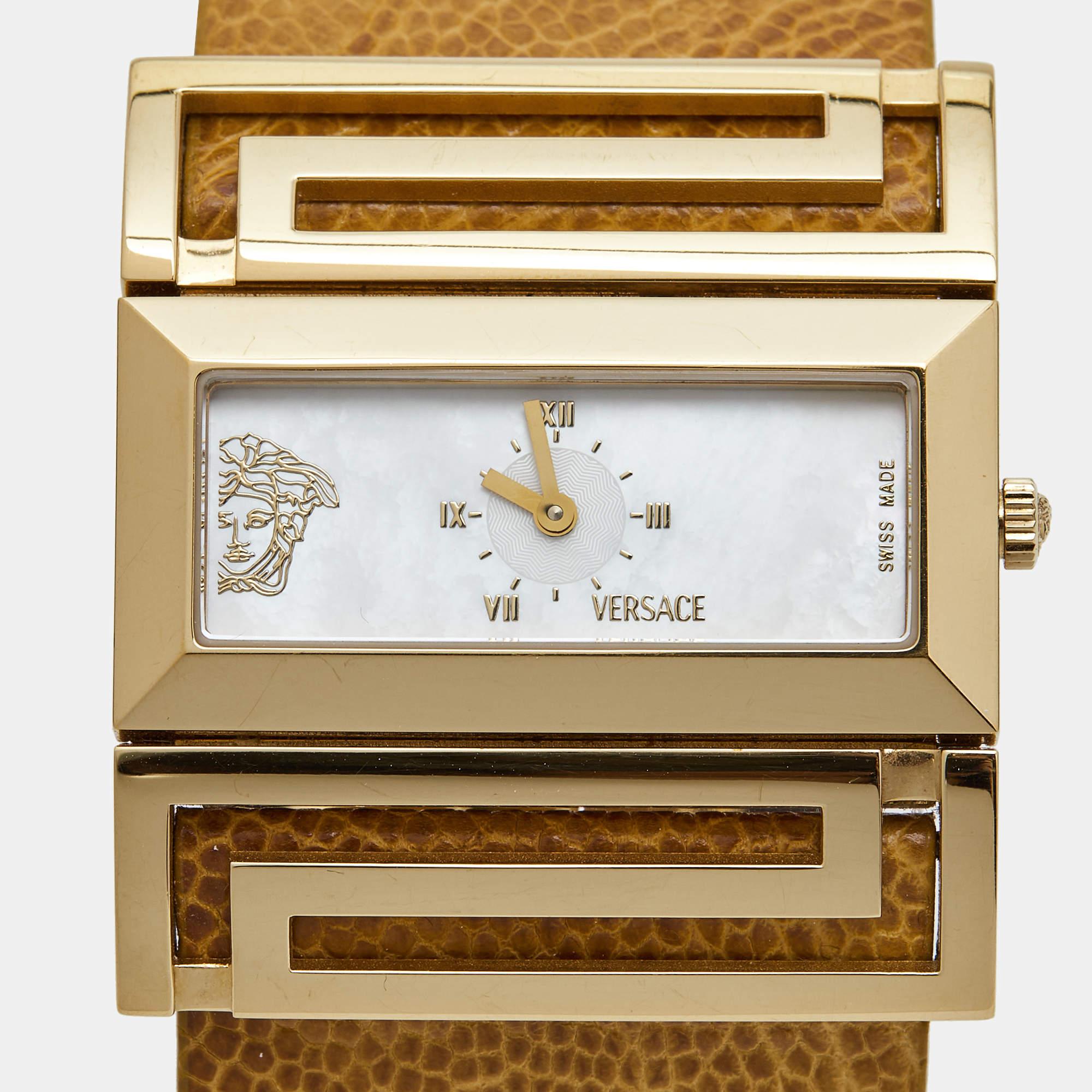 Versace Mother of Pearl Gold Plated Stainless Steel Leather Beauville VSQ90  For Sale 1