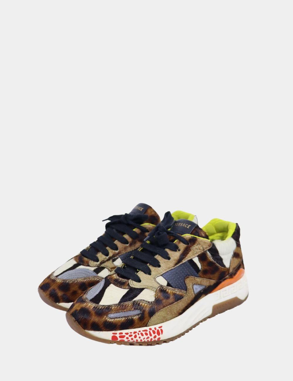 Black Versace Multicolor Animal Print Fur And Leather Sneakers Size EU 37.5