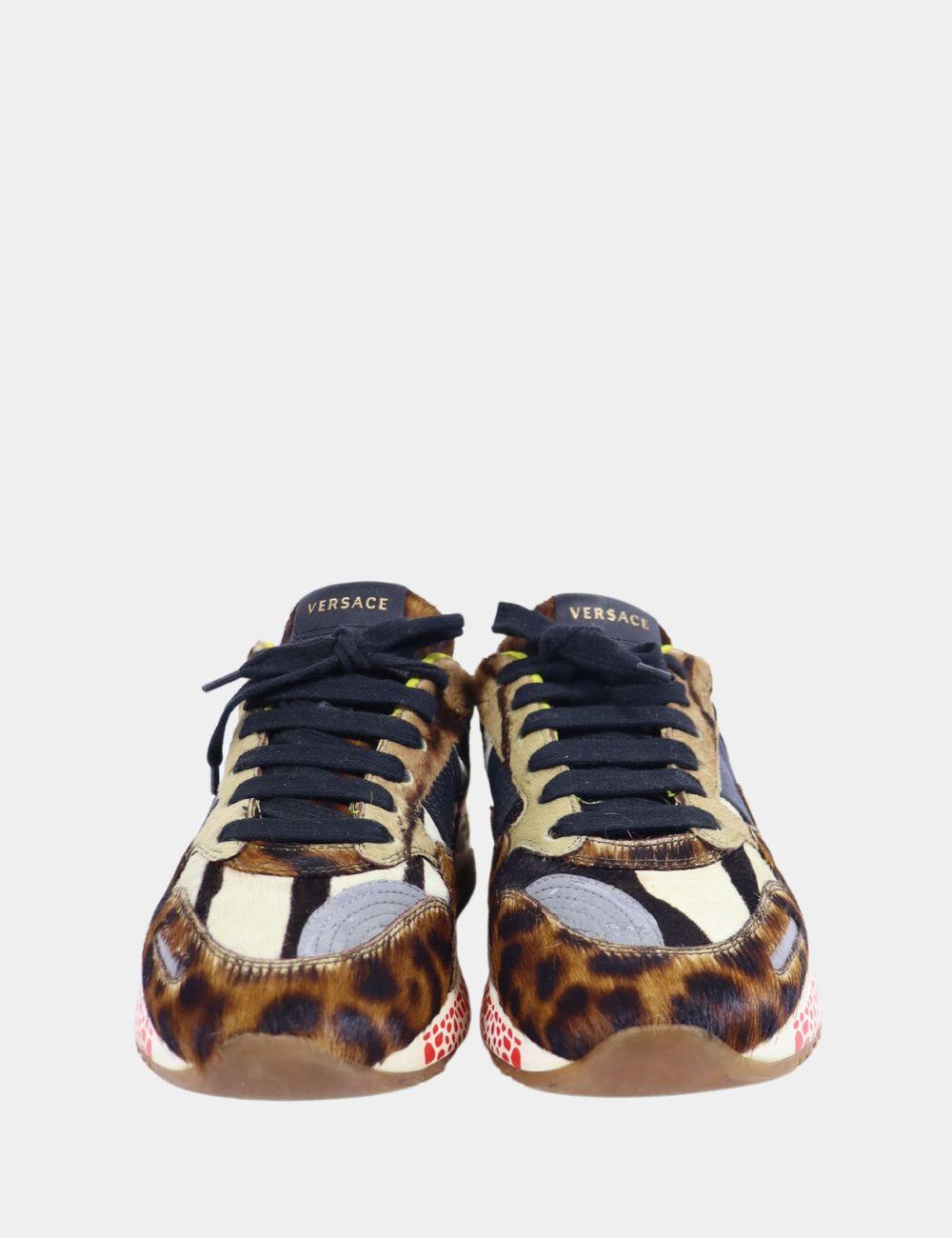 Versace Multicolor Animal Print Fur And Leather Sneakers Size EU 37.5 In Good Condition In Amman, JO