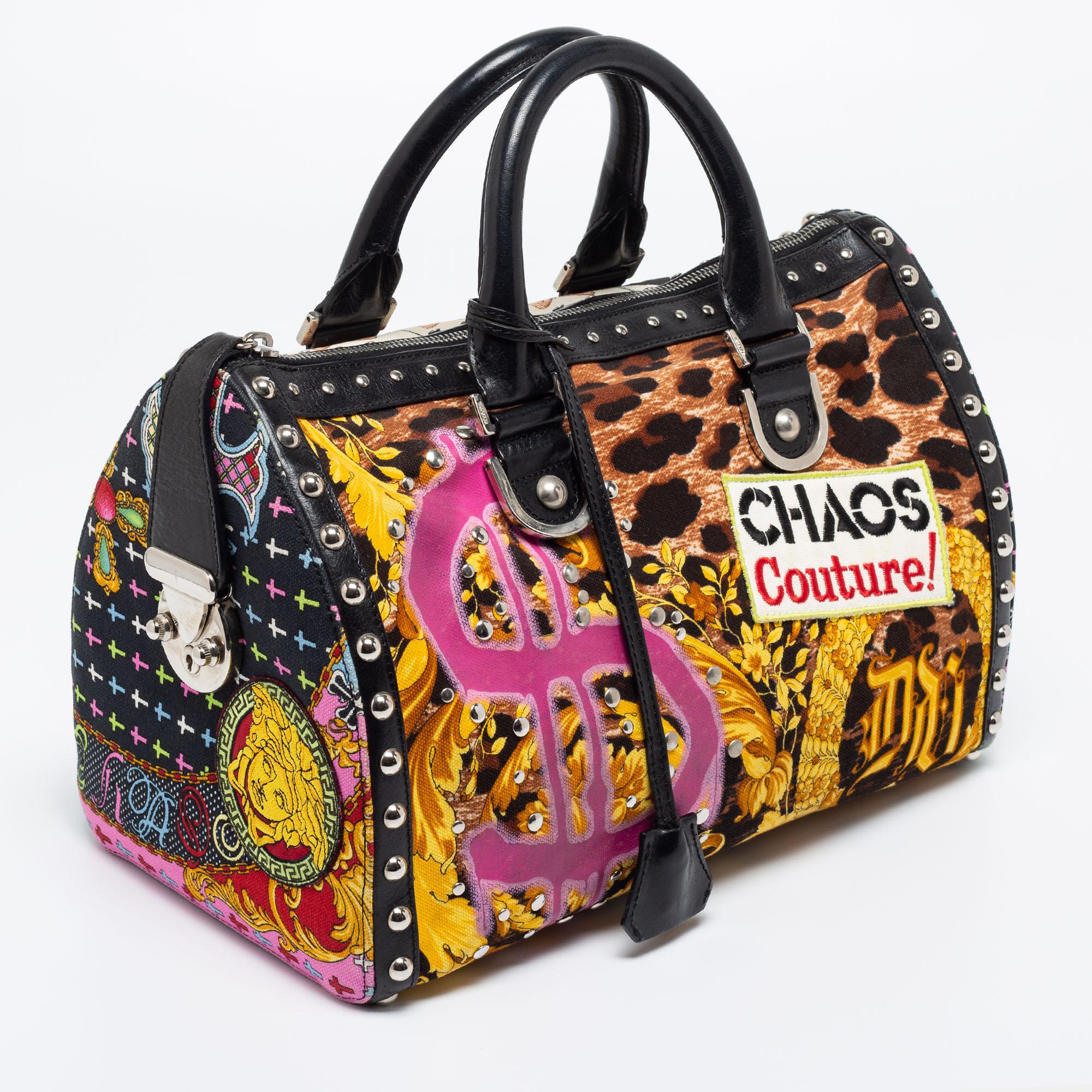 Black Versace Multicolor Archival Print Canvas and Leather Chaos Couture Studded Bosto