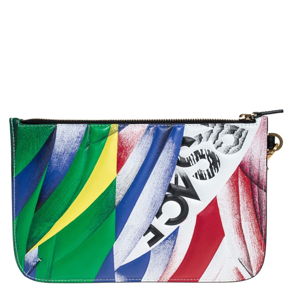 Store your essentials effortlessly in this sturdy leather clutch. It features a multicolored clash print all over the exterior and a zipped compartment. Featuring a wristlet, this superb pouch is a stylish accessory.

Includes: Original Dustbag,
