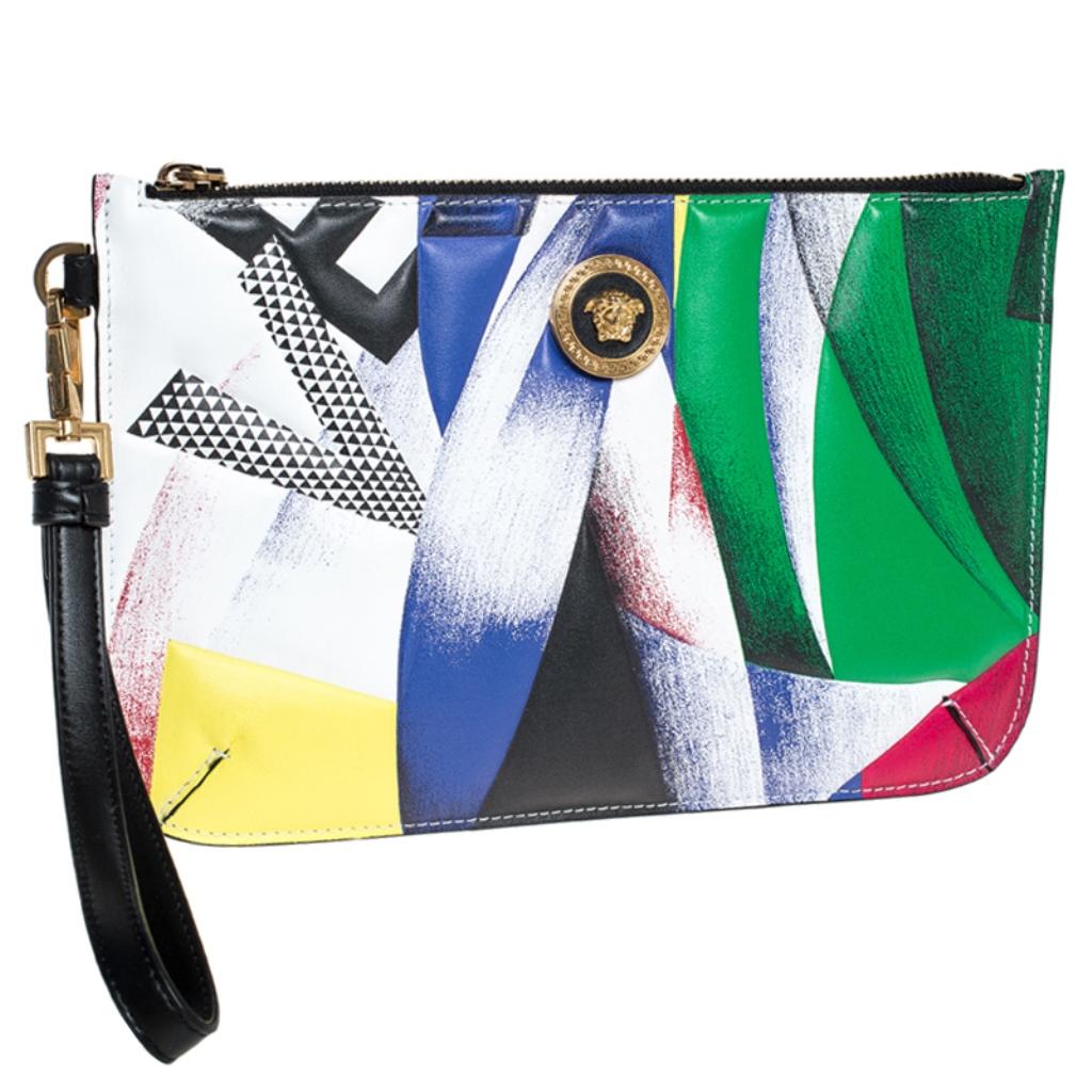 Versace Multicolor Clash Print Icon Leather Wristlet In Excellent Condition In Dubai, Al Qouz 2