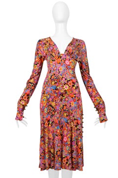 Versace Multicolor Floral Print Jersey Day Dress with Plunging Neckline 2002