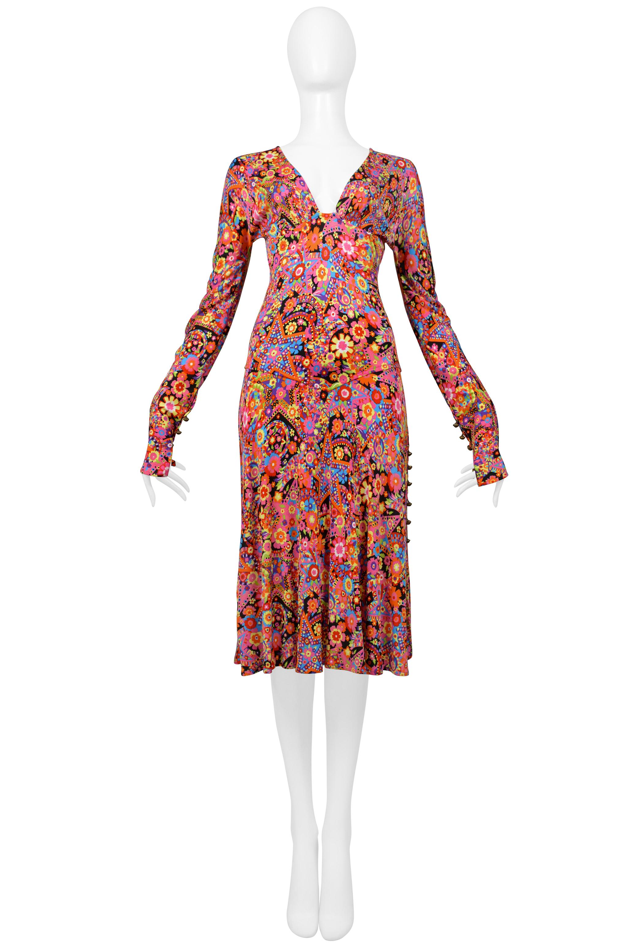 Pink Versace Multicolor Floral Print Jersey Day Dress with Plunging Neckline 2002 For Sale