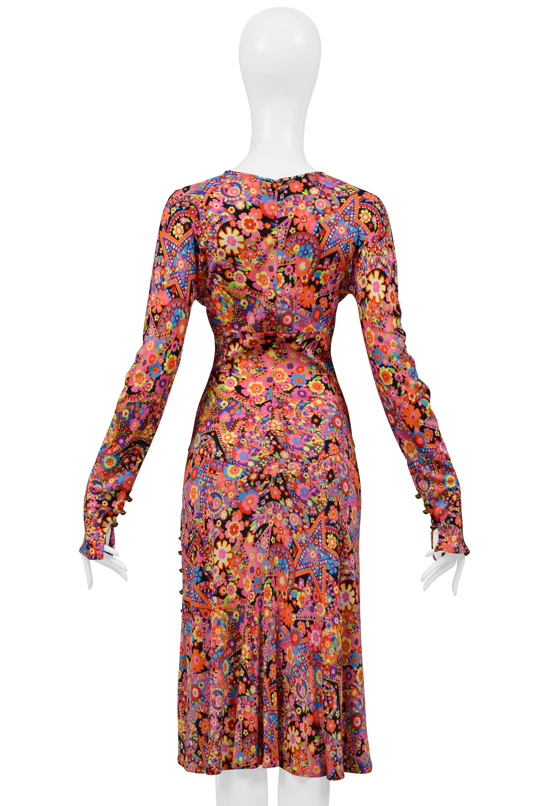 Versace Multicolor Floral Print Jersey Day Dress with Plunging Neckline 2002 In Excellent Condition For Sale In Los Angeles, CA