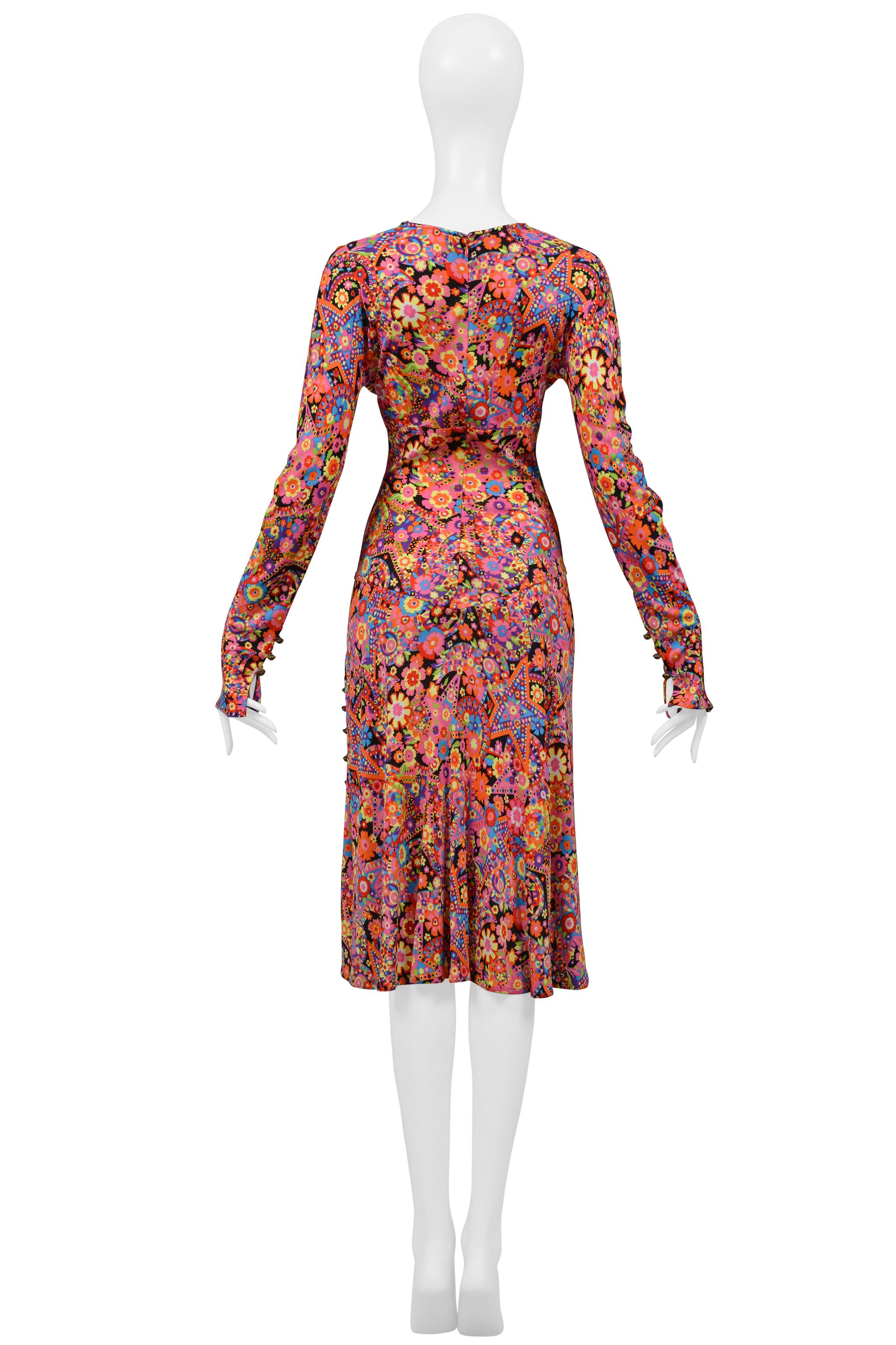 Women's Versace Multicolor Floral Print Jersey Day Dress with Plunging Neckline 2002 For Sale