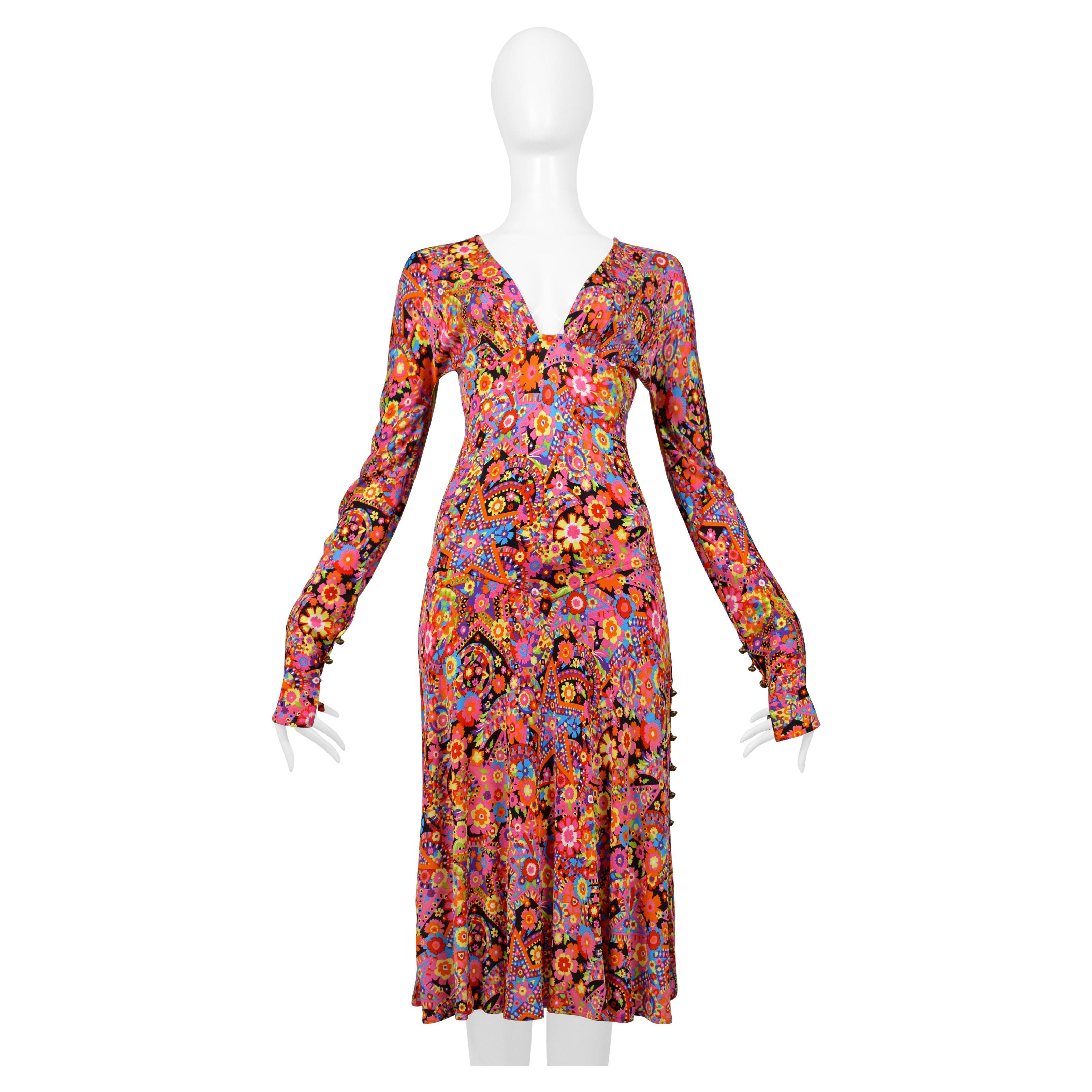 Versace Multicolor Floral Print Jersey Day Dress with Plunging Neckline 2002 For Sale