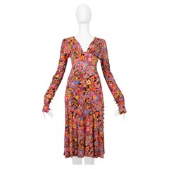 Versace Multicolor Floral Print Jersey Day Dress with Plunging Neckline 2002