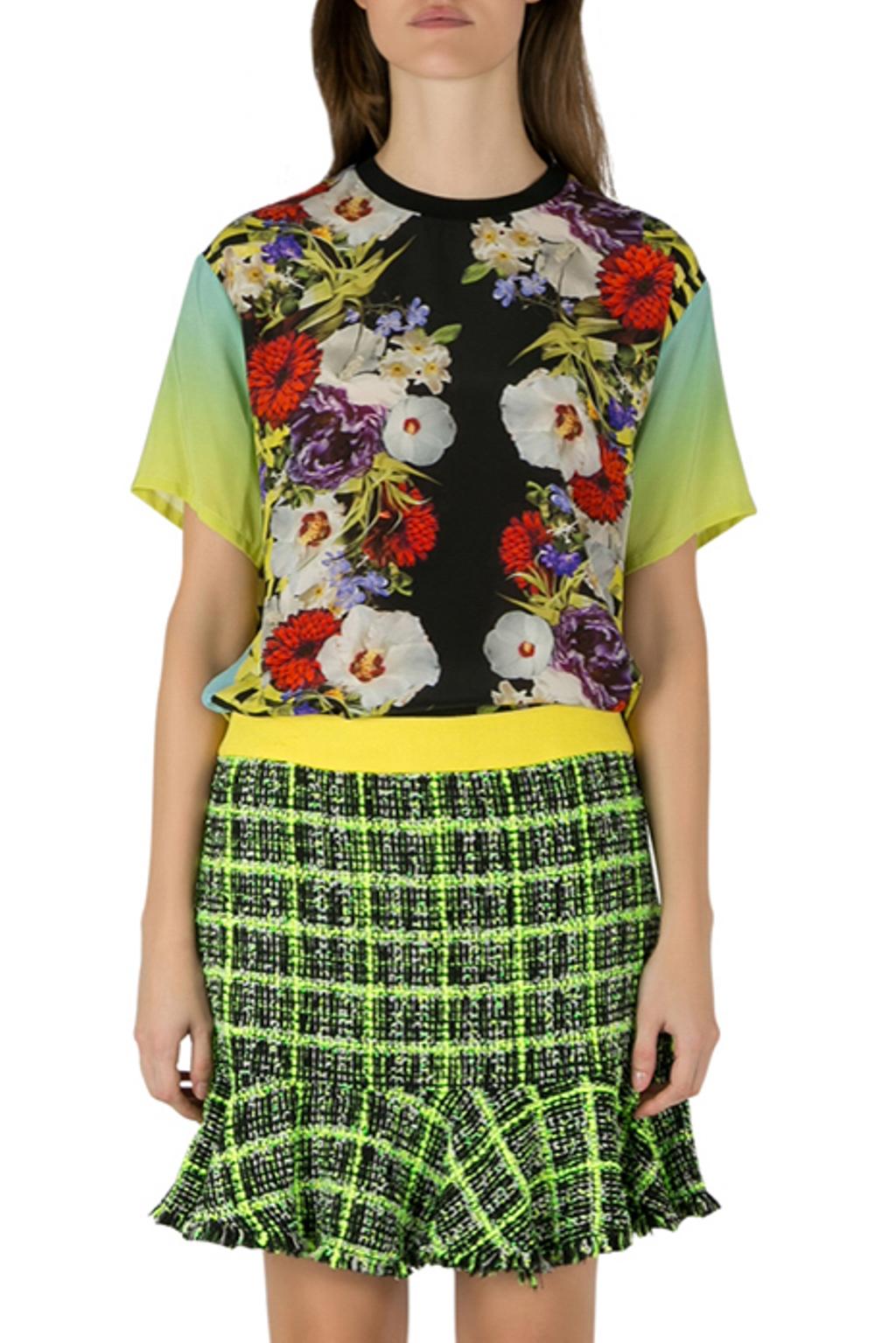 Women's Versace Multicolor Floral Print Silk Ombre Sleeve Detail Crew Neck T Shirt M