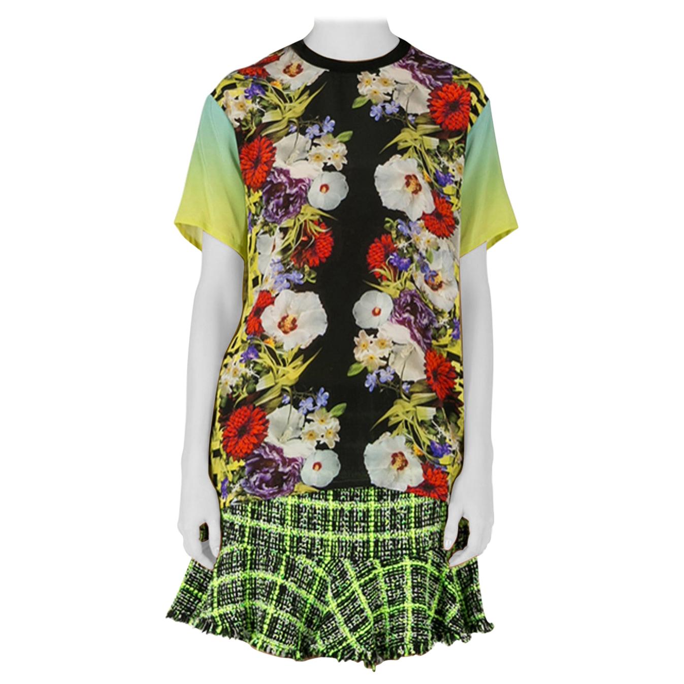 Versace Multicolor Floral Print Silk Ombre Sleeve Detail Crew Neck T Shirt M
