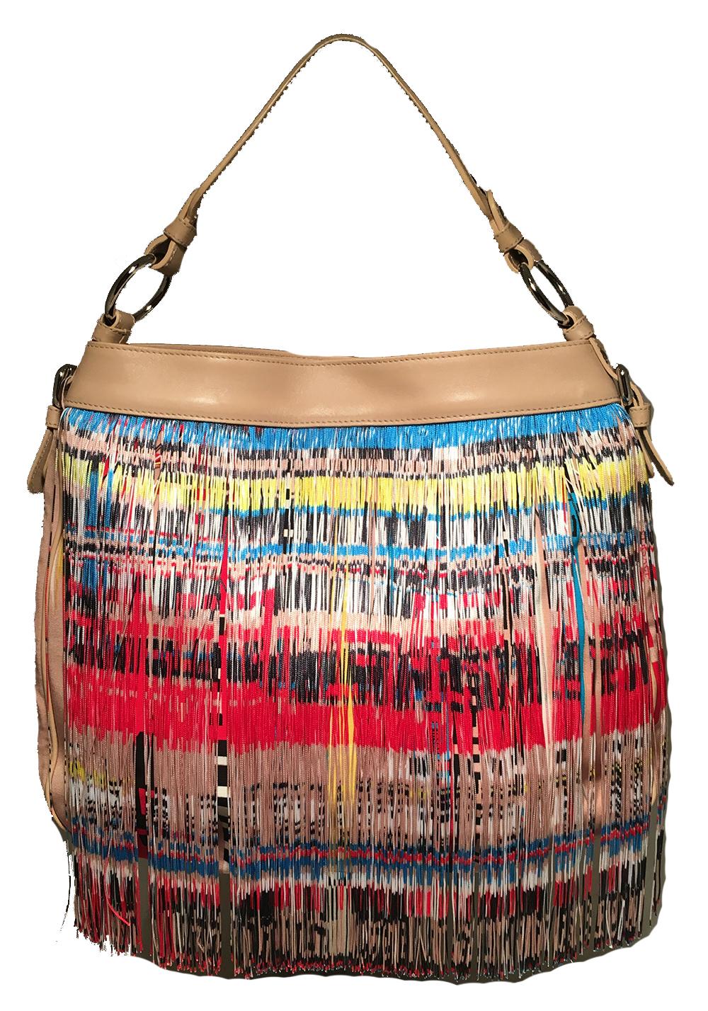 Versace Multicolor Fringe Leather and Twill Frida Hobo Shoulder Bag in excellent condition. Multicolor nylon fringe over a multicolor striped print canvas body. Tan leather trim with silver hardware. Bottom zipper stretches side to side and adds an