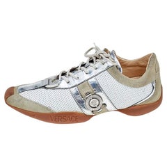 Used Versace Multicolor Leather And Suede Logo Detail Low Top Sneakers Size 36