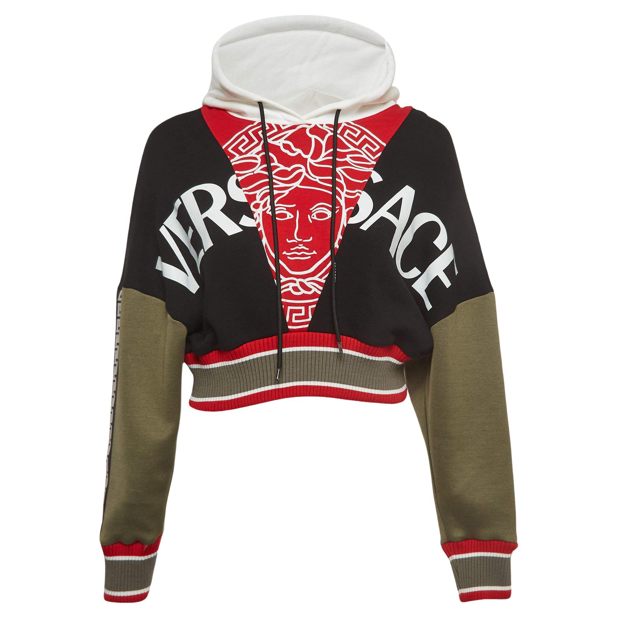 Versace Multicolor Logo Print Cotton-Blend Cropped Hoodie XS