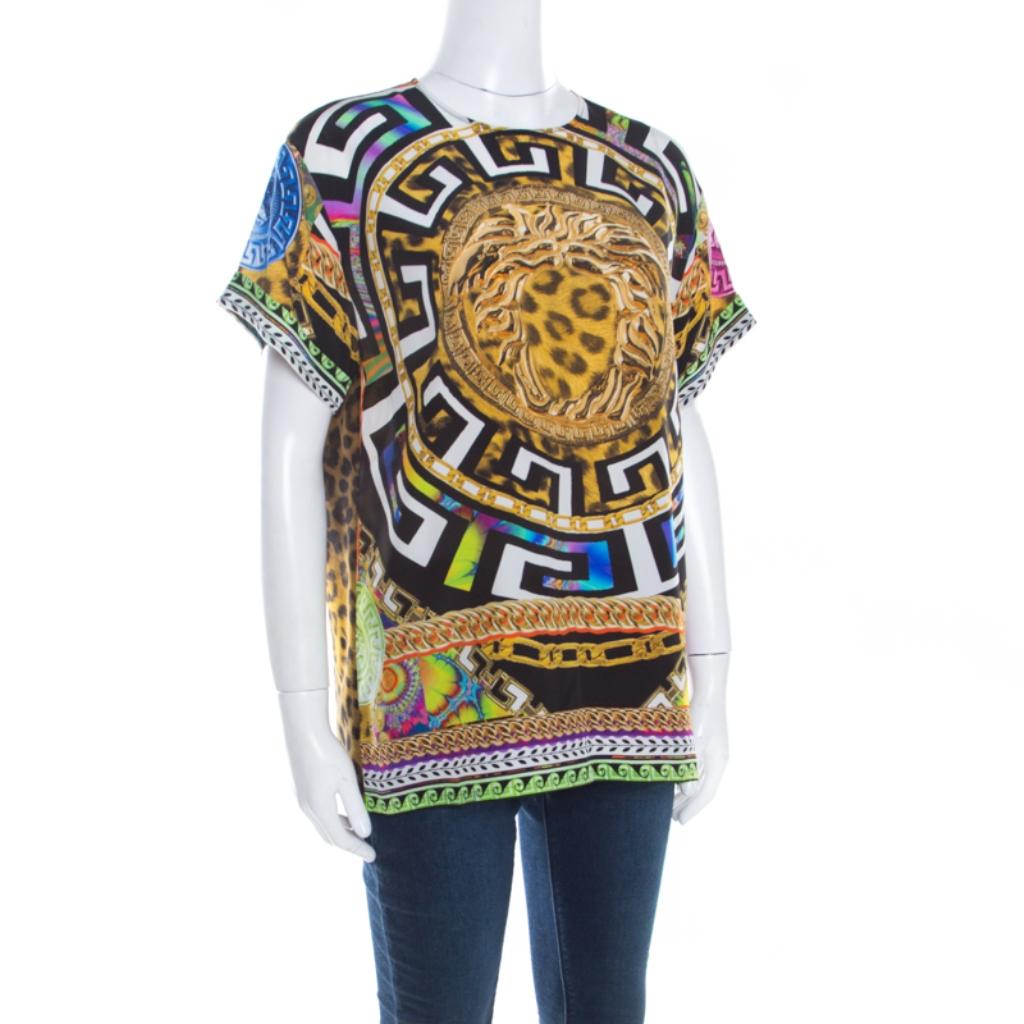 Brown Versace Multicolor Medusa and Leopard Print Silk Boxy Fit Blouse S