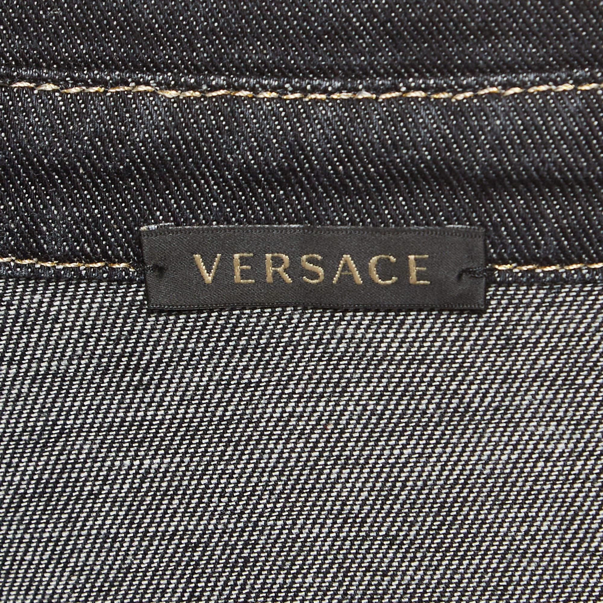 Versace Multicolor Plaid Wool & Denim Frayed Shirt M For Sale 1