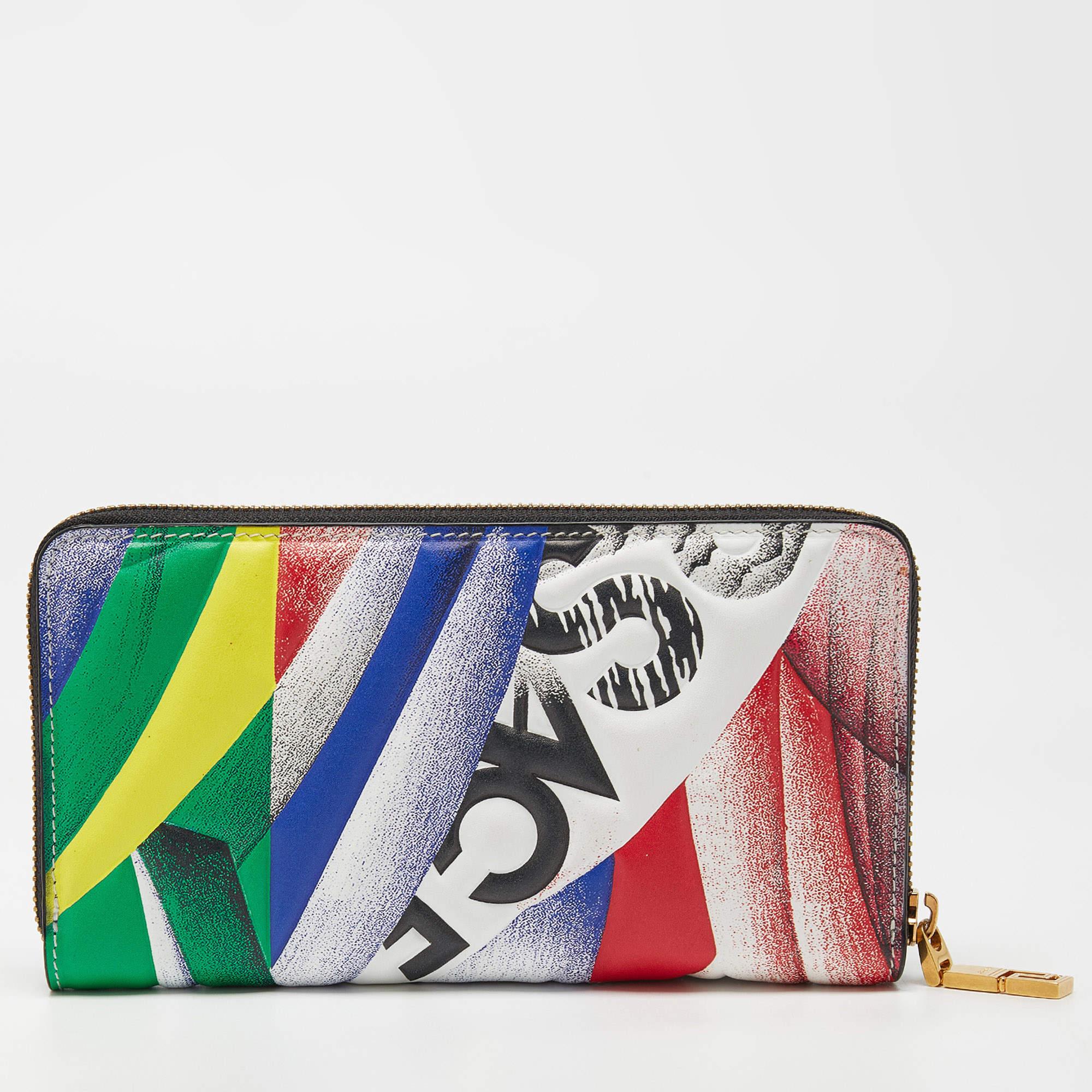 Gray Versace Multicolor Print Leather Zip Around Wallet For Sale