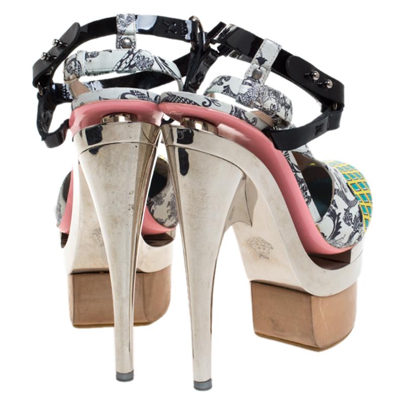 Brown Versace Multicolor Printed Leather Triple Metal Heel Ankle Strap Sandals Size 39