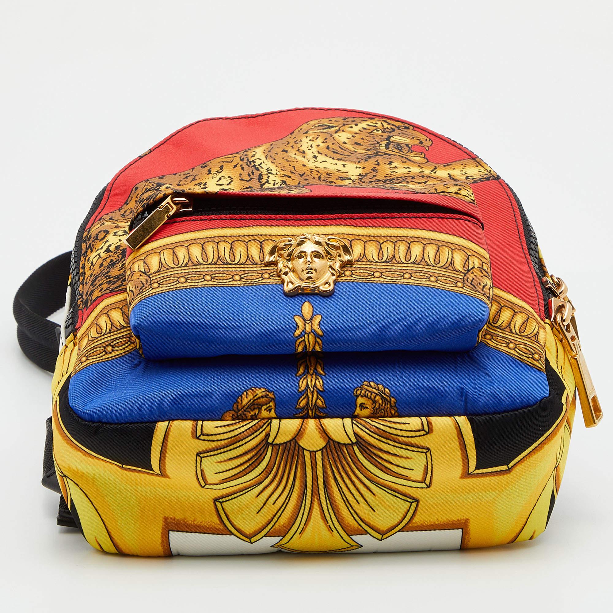 Versace Multicolor Printed Nylon and Leather Mini Medusa Pallazo Backpack 1