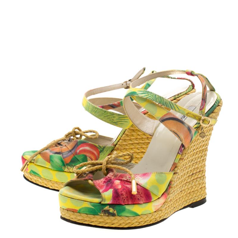 Beige Versace Multicolor Printed Satin Espadrille Wedge Platform Sandals Size 39