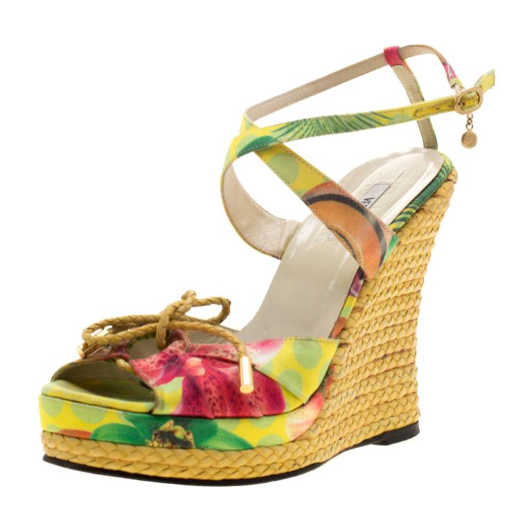 Versace Multicolor Printed Satin Espadrille Wedge Platform Sandals Size 39
