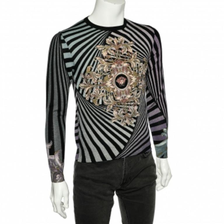 Noir Pull Versace imprimé multicolore en maille de laine et de soie M