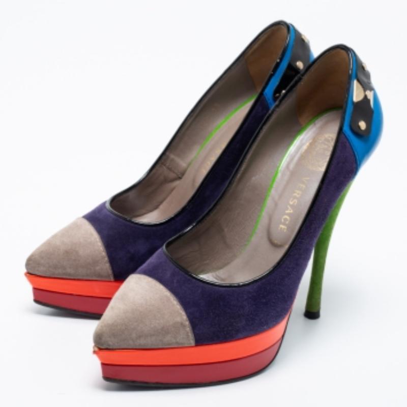 Black Versace Multicolor Suede And Leather Pointed Toe Platform Pumps Size 36 For Sale