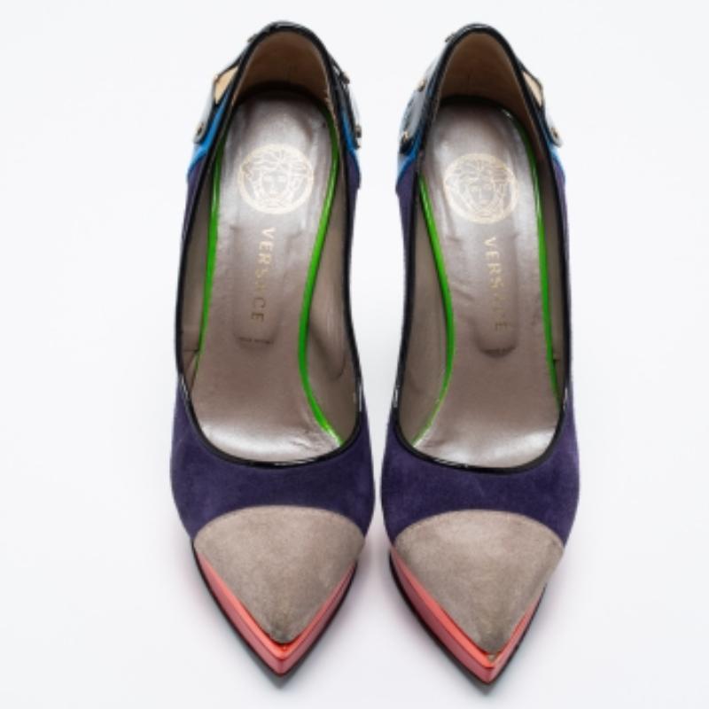 Versace Multicolor Suede And Leather Pointed Toe Platform Pumps Size 36 In Fair Condition For Sale In Dubai, Al Qouz 2