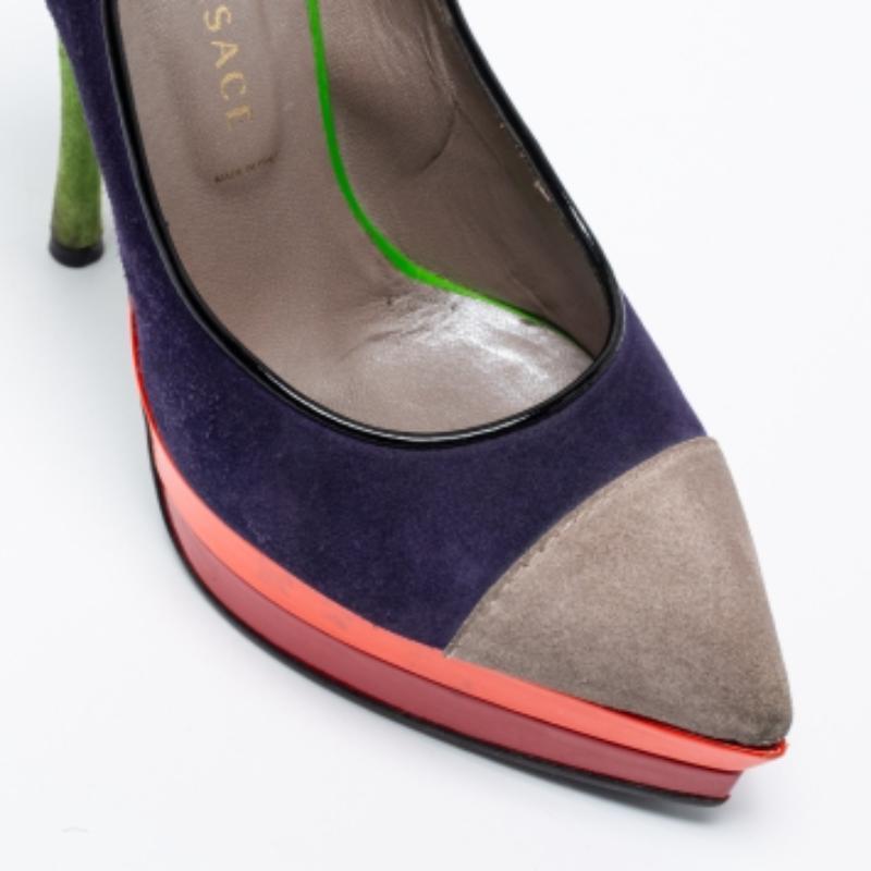 Women's Versace Multicolor Suede And Leather Pointed Toe Platform Pumps Size 36 For Sale