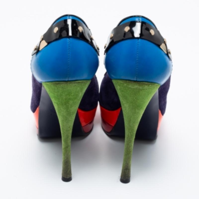 Versace Multicolor Suede And Leather Pointed Toe Platform Pumps Size 36 For Sale 2