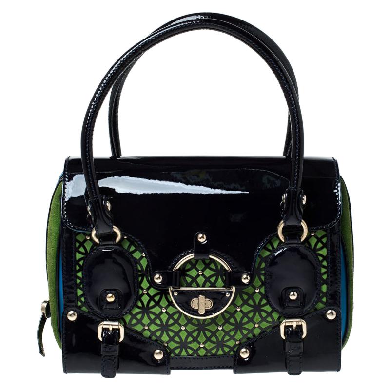 Versace Multicolor Suede and Patent Leather Lazer Cut Satchel