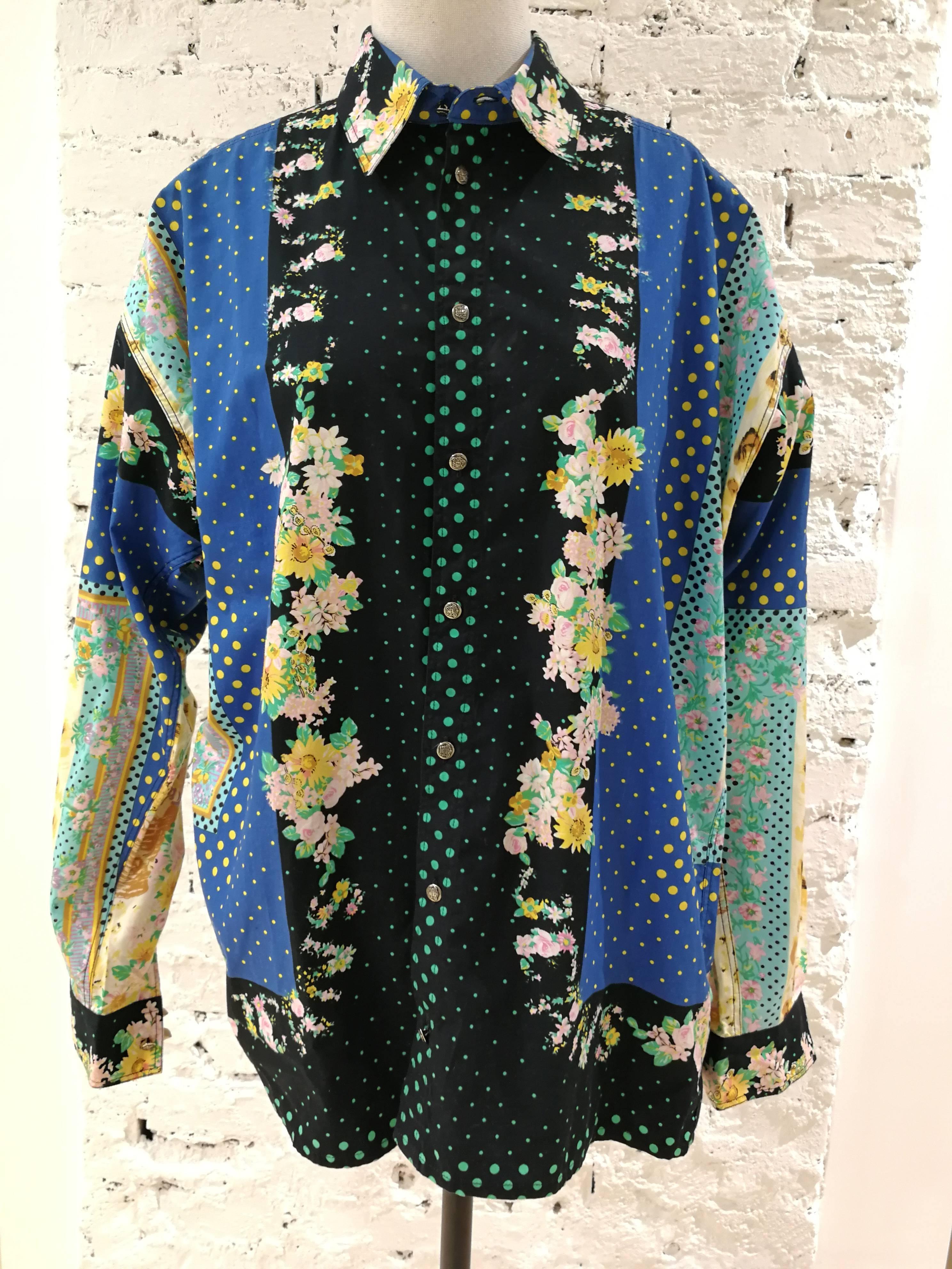 Versace multicoloured Cotton blue Flowers and cats Shirt 2