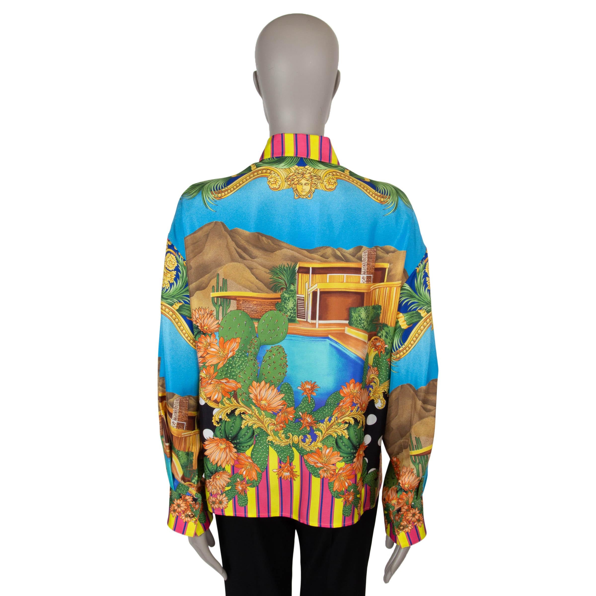 Black VERSACE multicoloured silk 2023 MEDUSA PALM SPRINGS TIE-FRONT Blouse Shirt S For Sale