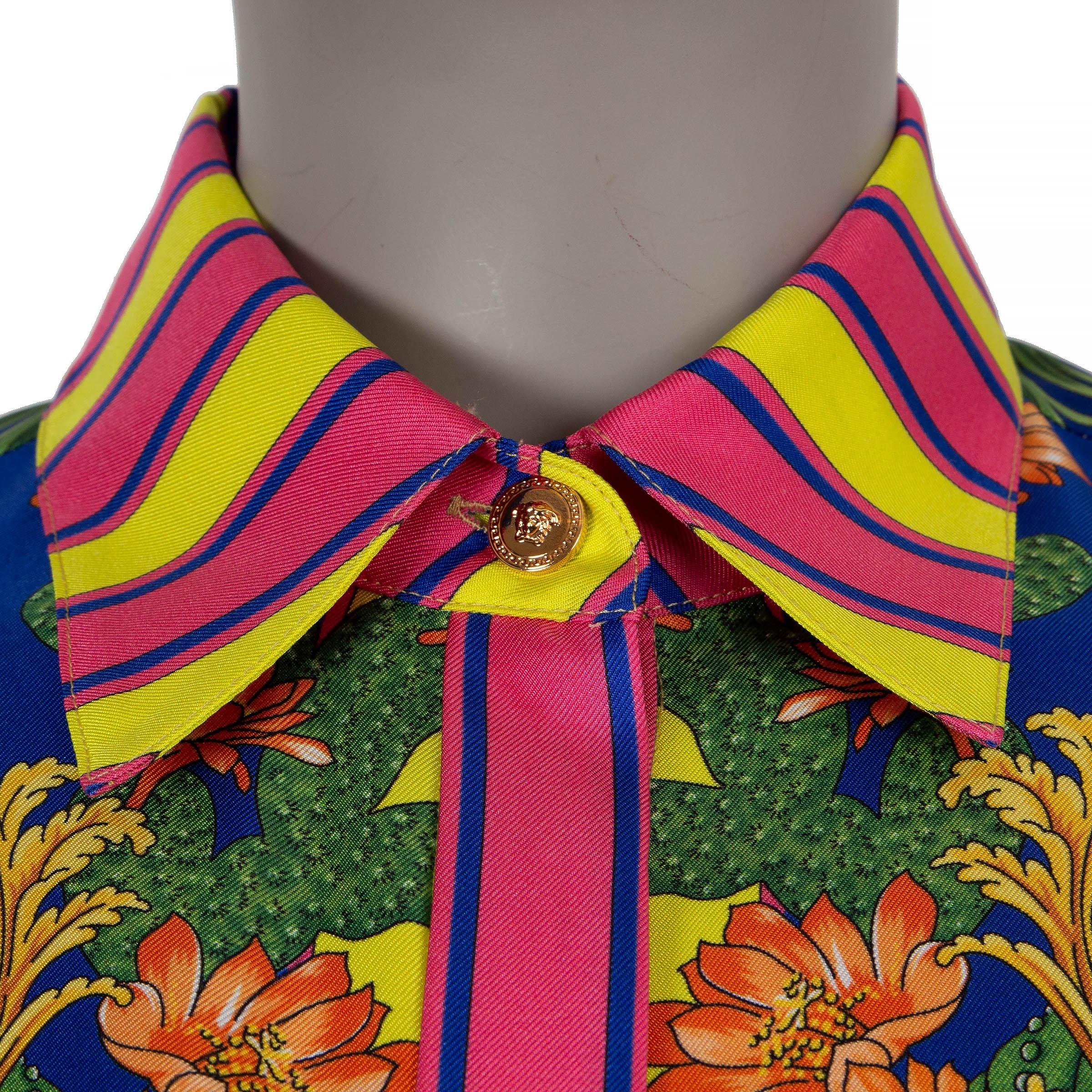 Women's VERSACE multicoloured silk 2023 MEDUSA PALM SPRINGS TIE-FRONT Blouse Shirt S For Sale