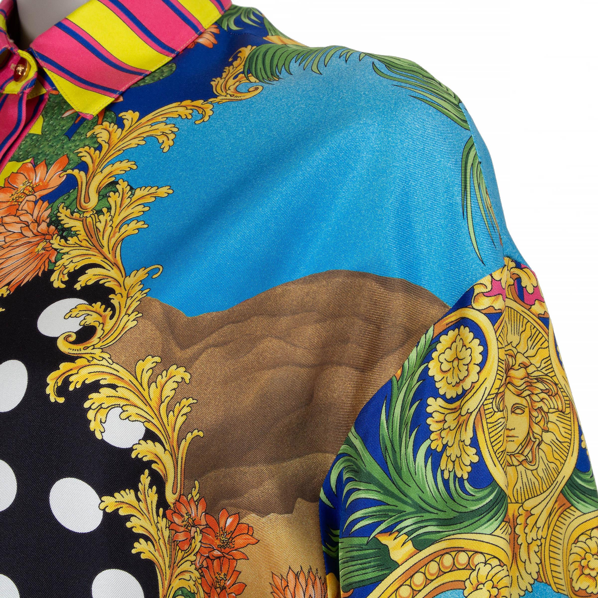 VERSACE multicoloured silk 2023 MEDUSA PALM SPRINGS TIE-FRONT Blouse Shirt S For Sale 1