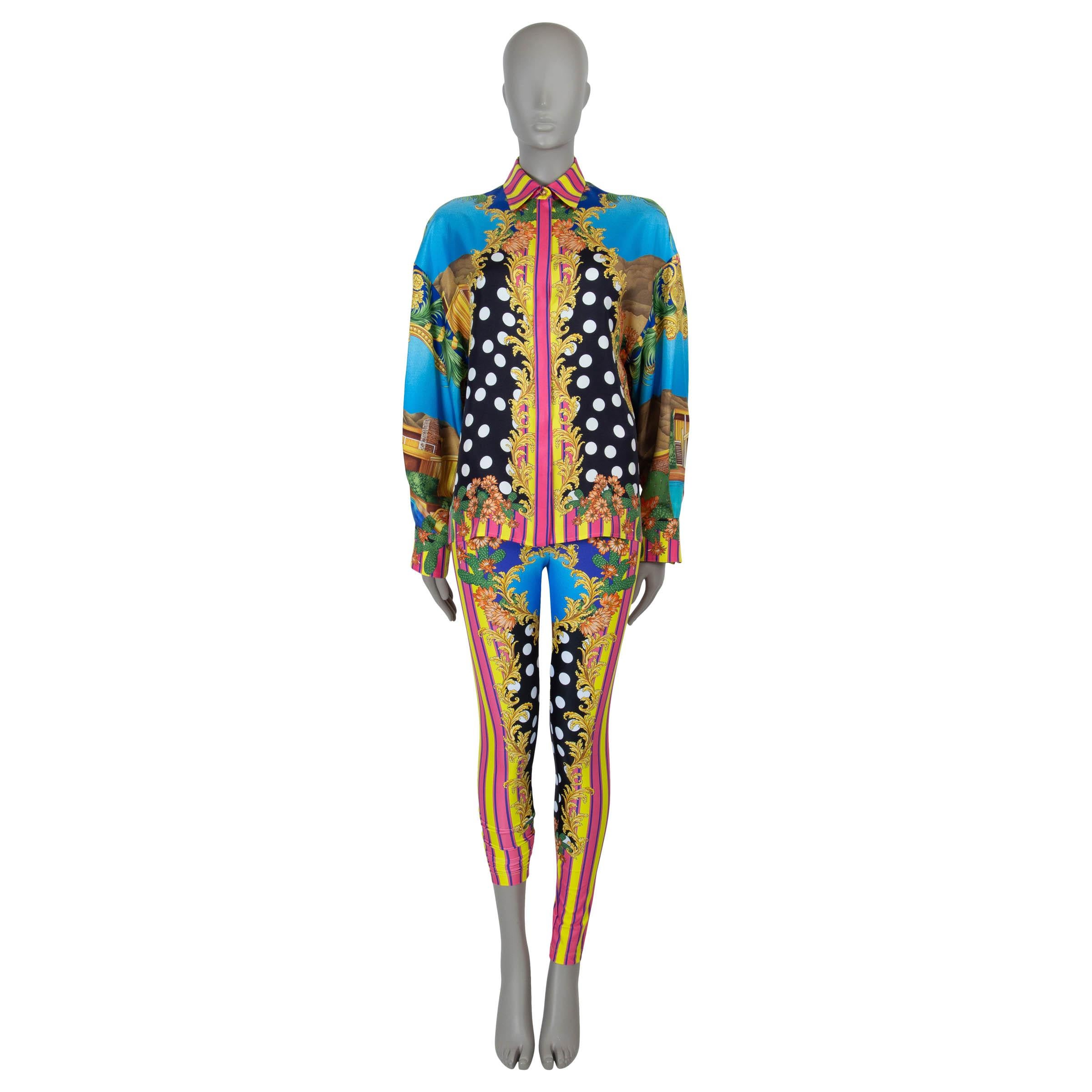 VERSACE multicoloured silk 2023 MEDUSA PALM SPRINGS TIE-FRONT Blouse Shirt S For Sale 3