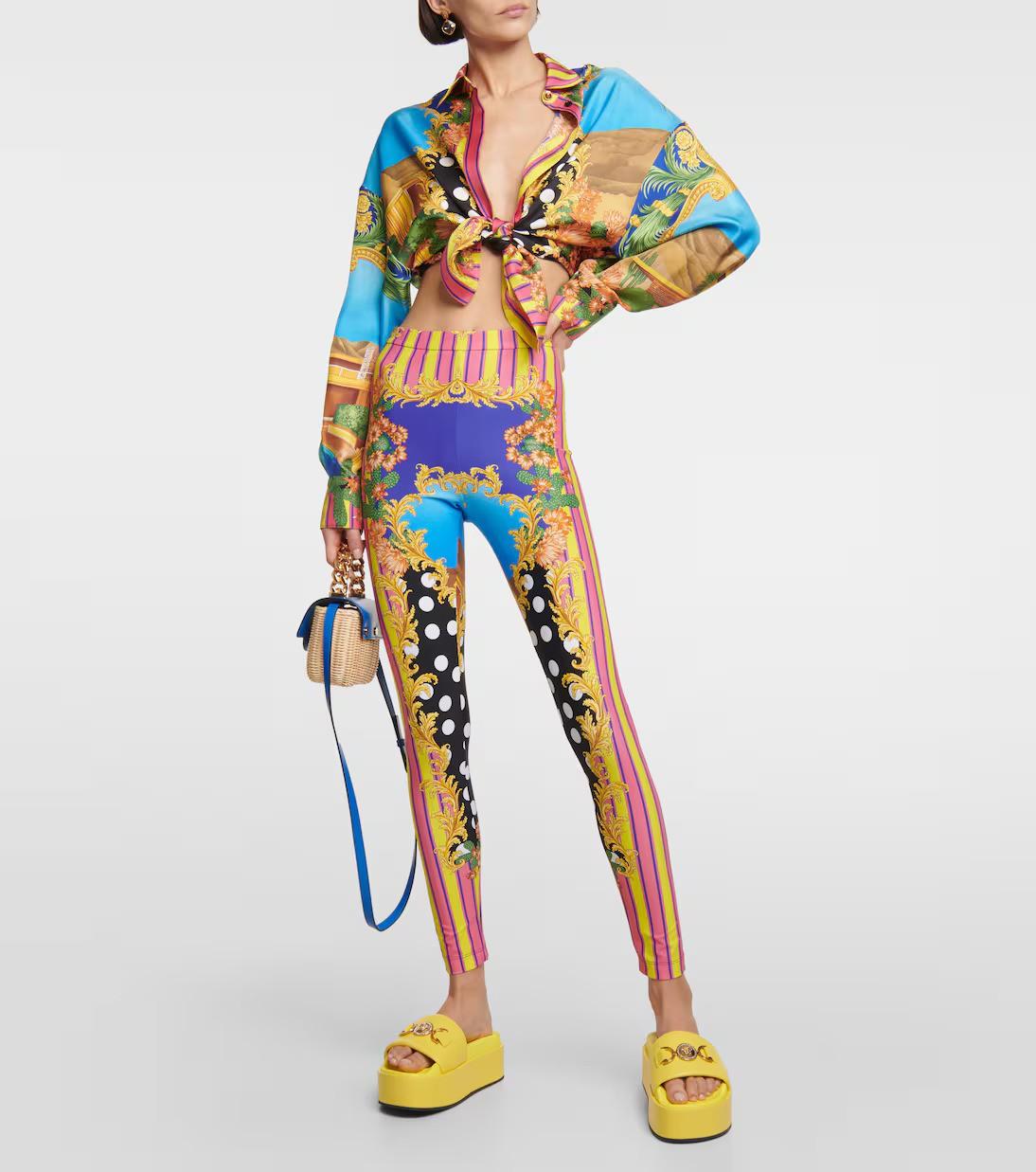 VERSACE multicoloured silk 2023 MEDUSA PALM SPRINGS TIE-FRONT Blouse Shirt S For Sale 4