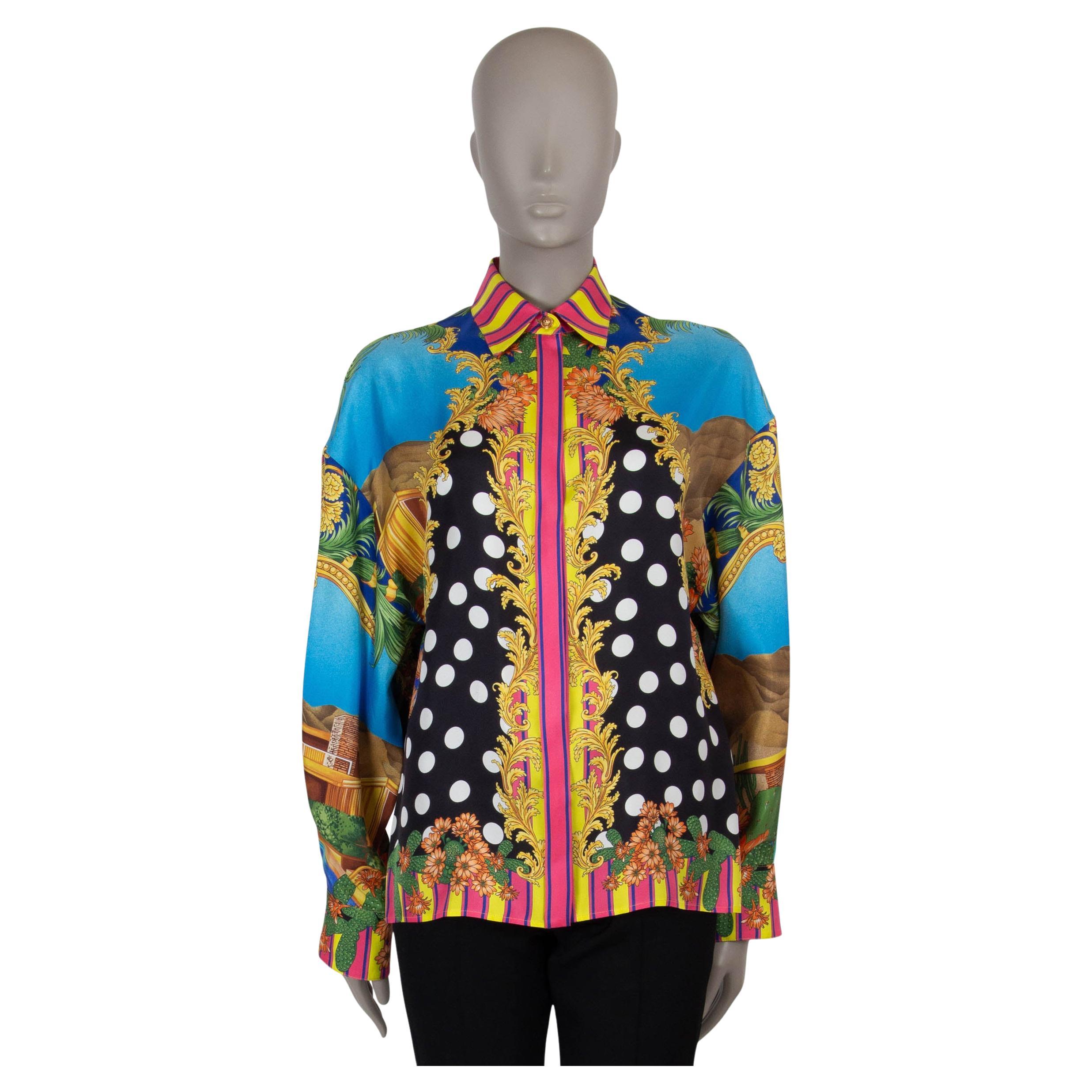 VERSACE multicoloured silk 2023 MEDUSA PALM SPRINGS TIE-FRONT Blouse Shirt S For Sale
