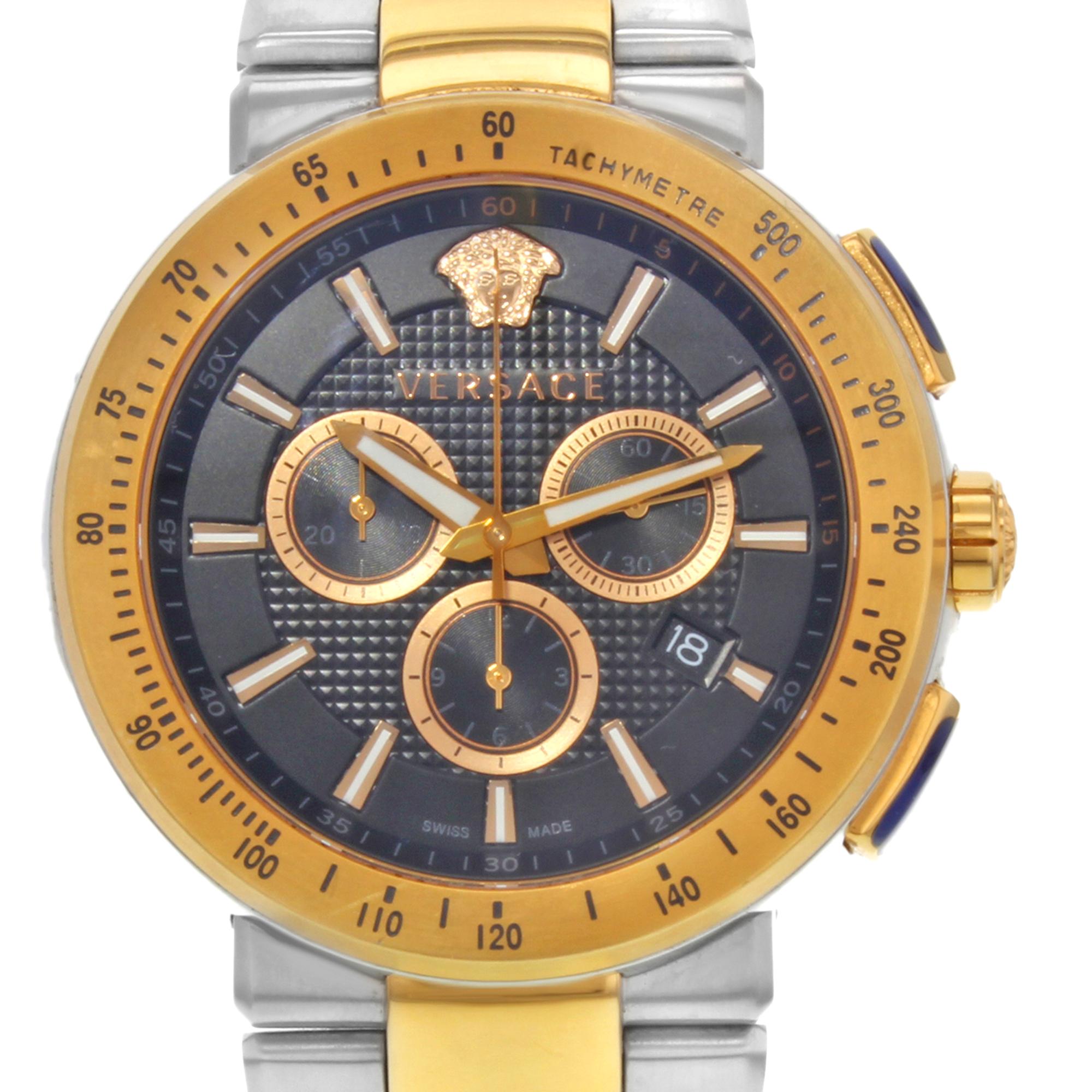 This pre-owned Versace Mystique  VFG100014  is a beautiful men's timepiece that is powered by a quartz movement which is cased in a stainless steel case. It has a round shape face, chronograph, date, small seconds subdial, tachymeter dial and has