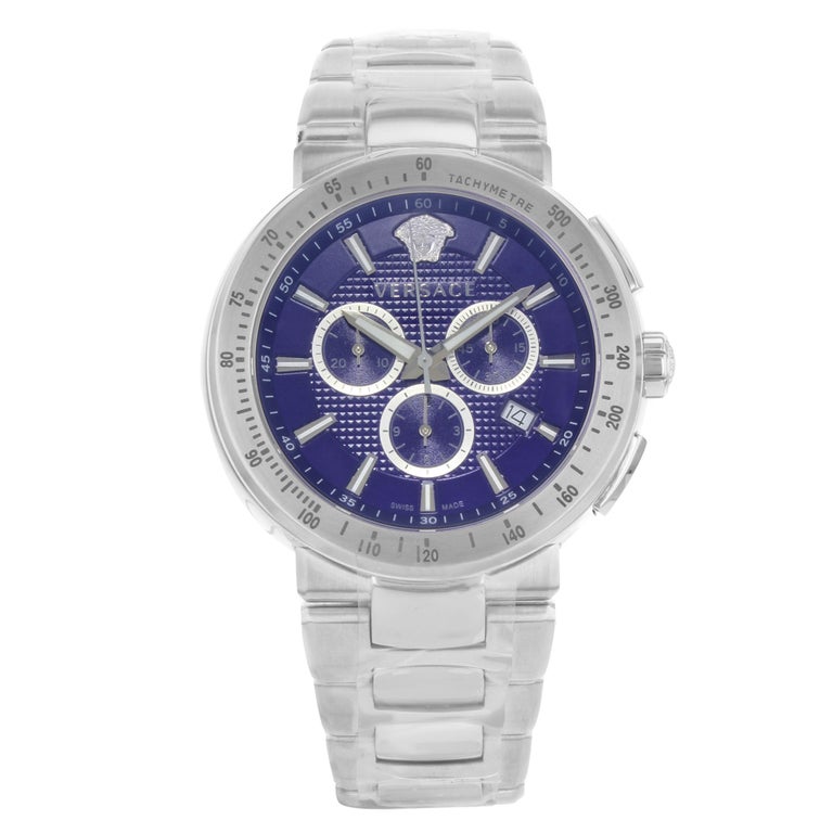 Versace Montre pour homme Mystique Tachymeter Chrono en acier avec cadran  bleu et quartz VFG120015 En vente sur 1stDibs