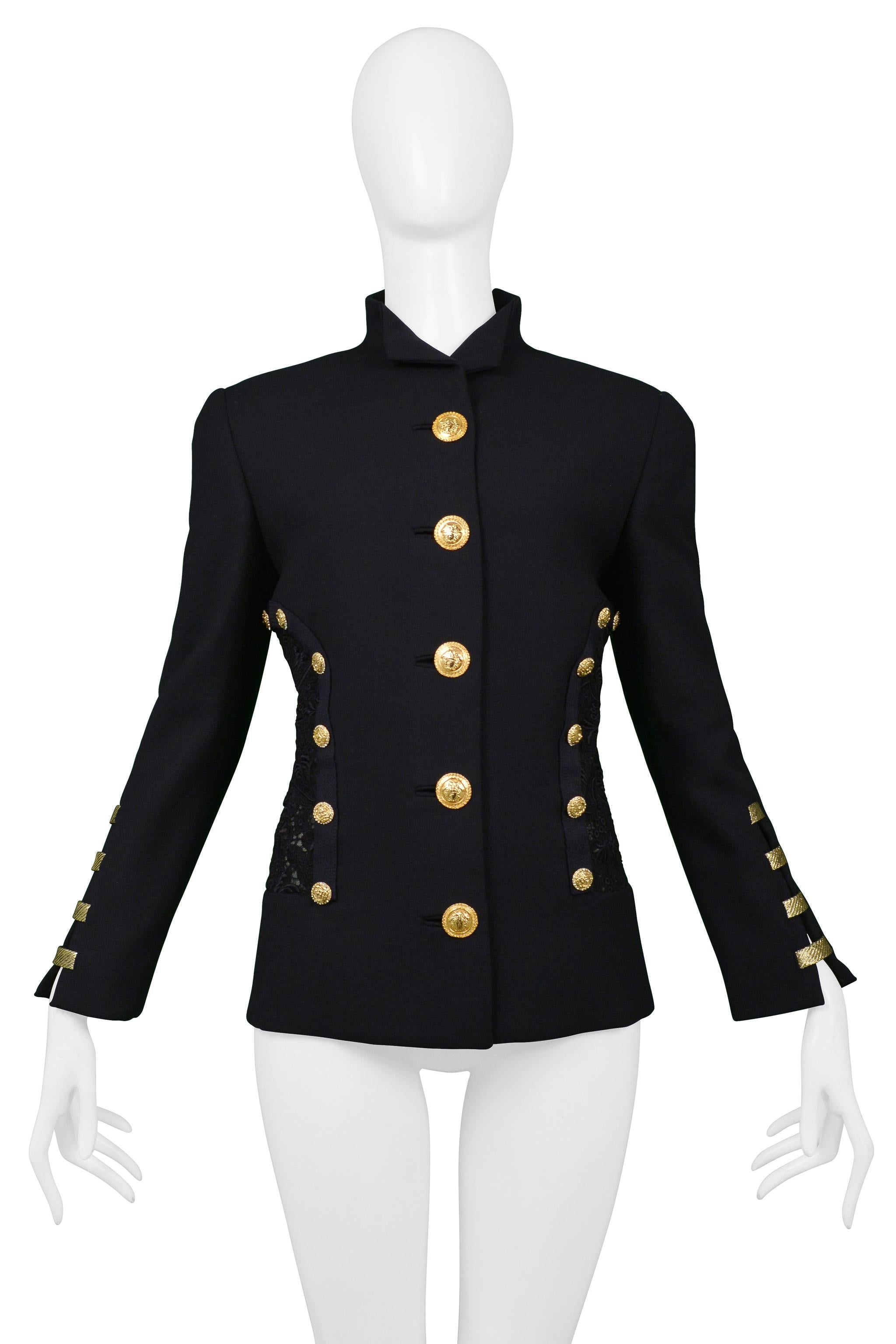 Versace  Navy Blazer Jacket With Lace Back & Gold Buttons SS 1992 In Excellent Condition In Los Angeles, CA