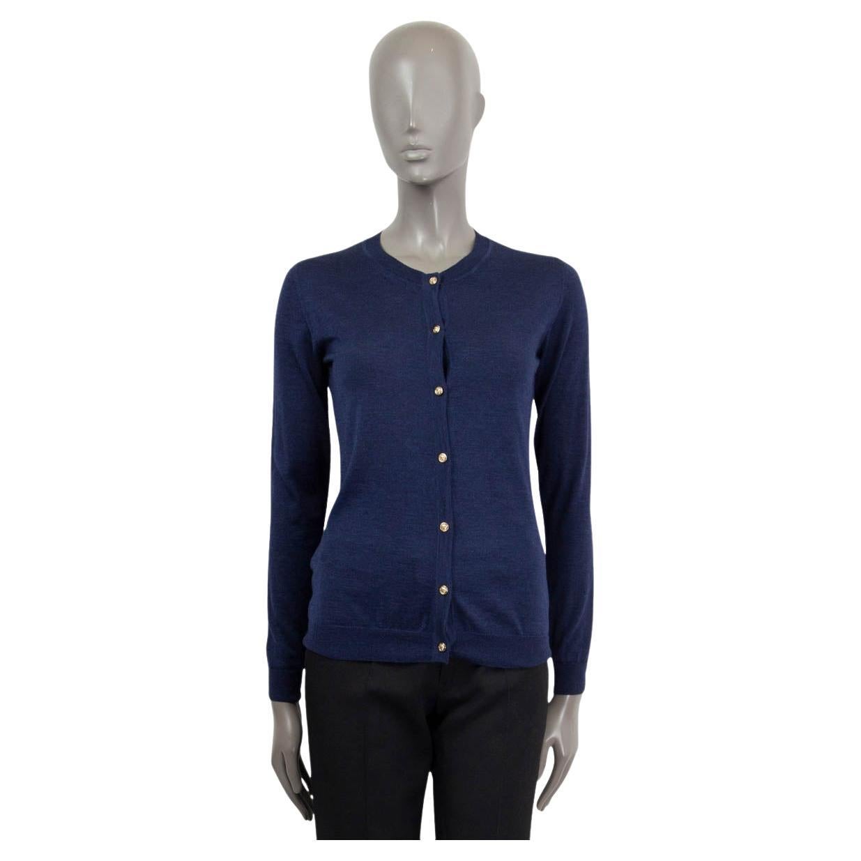 VERSACE navy blue cashmere and silk BUTTON FRONT CREWNECK Cardigan Sweater  40 S For Sale at 1stDibs