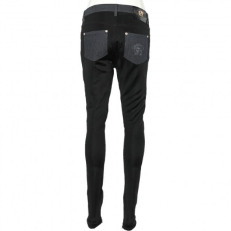 Versace Navy Blue Denim & Black Jersey Jeggings M In Excellent Condition For Sale In Dubai, Al Qouz 2