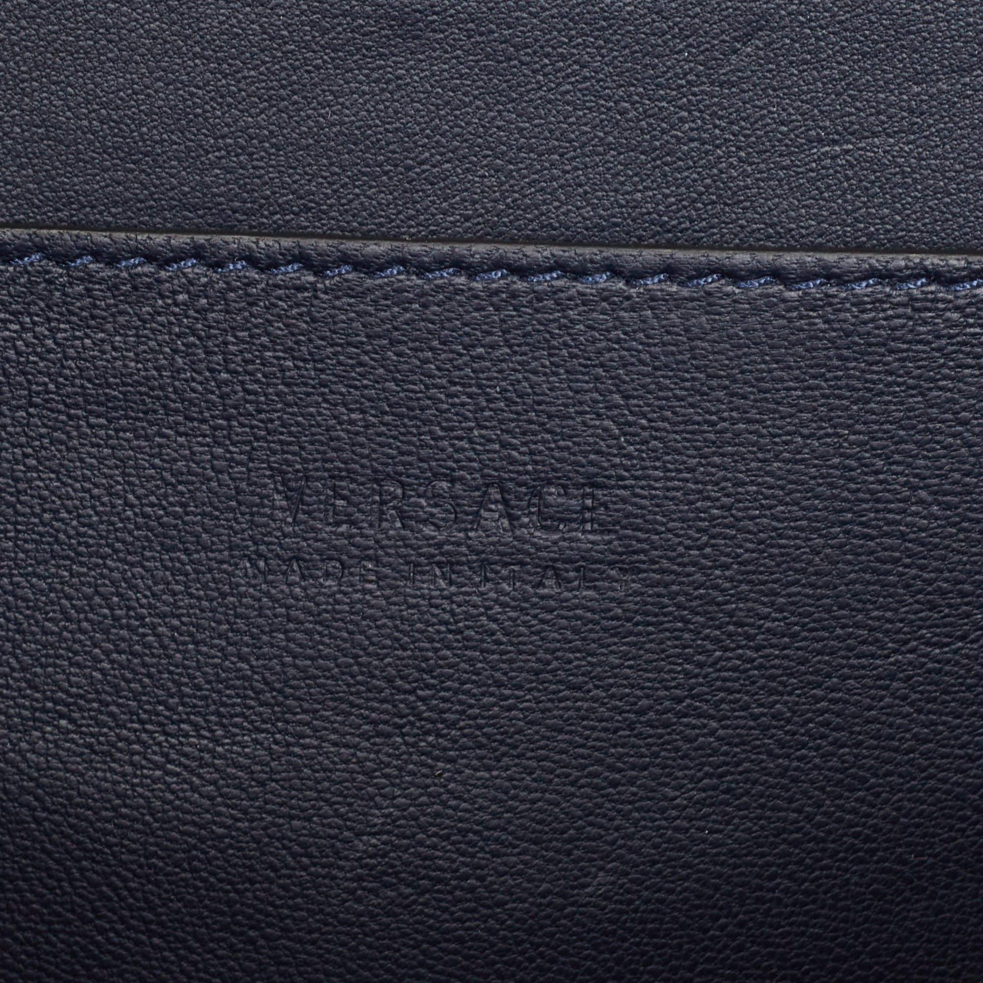Versace Navy Blue Leather and Suede DV One Top Handle Bag For Sale 6