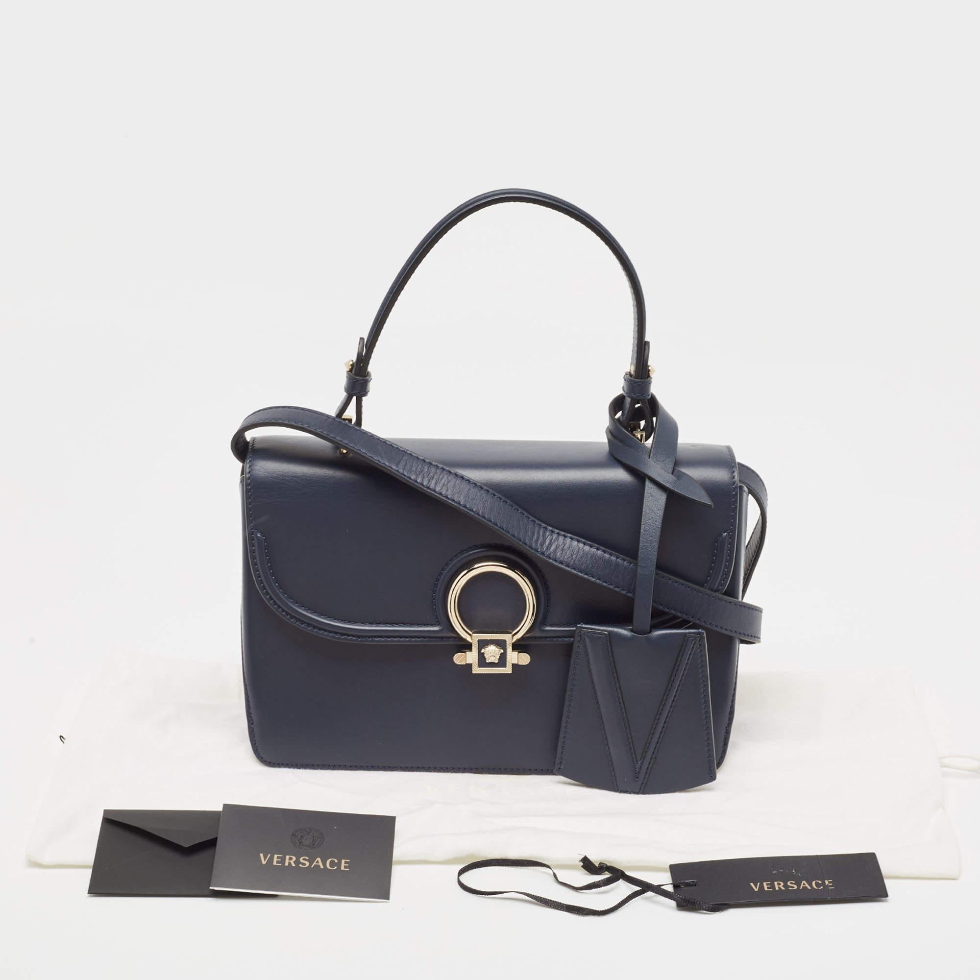 Versace Navy Blue Leather and Suede DV One Top Handle Bag For Sale 9