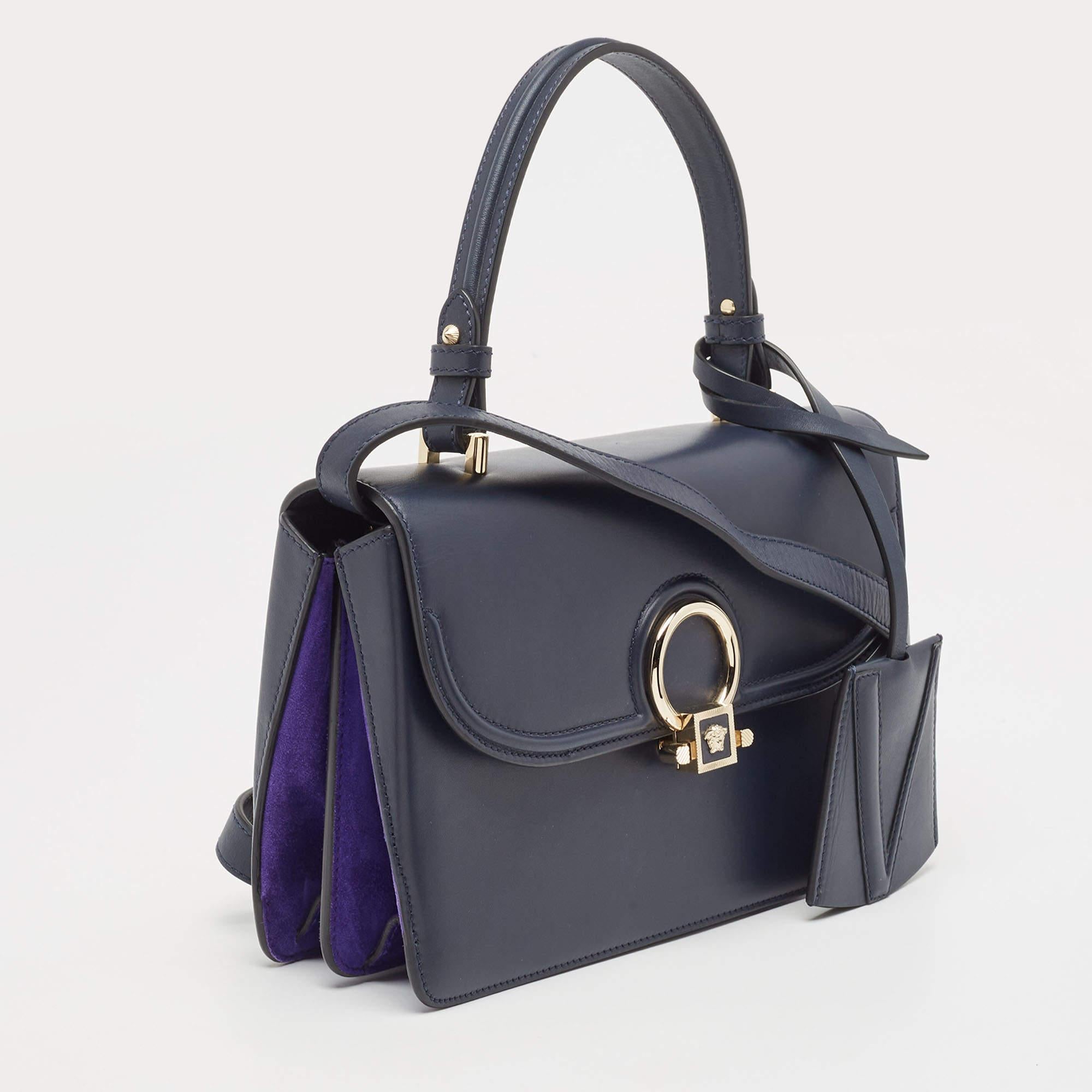 Women's Versace Navy Blue Leather and Suede DV One Top Handle Bag For Sale