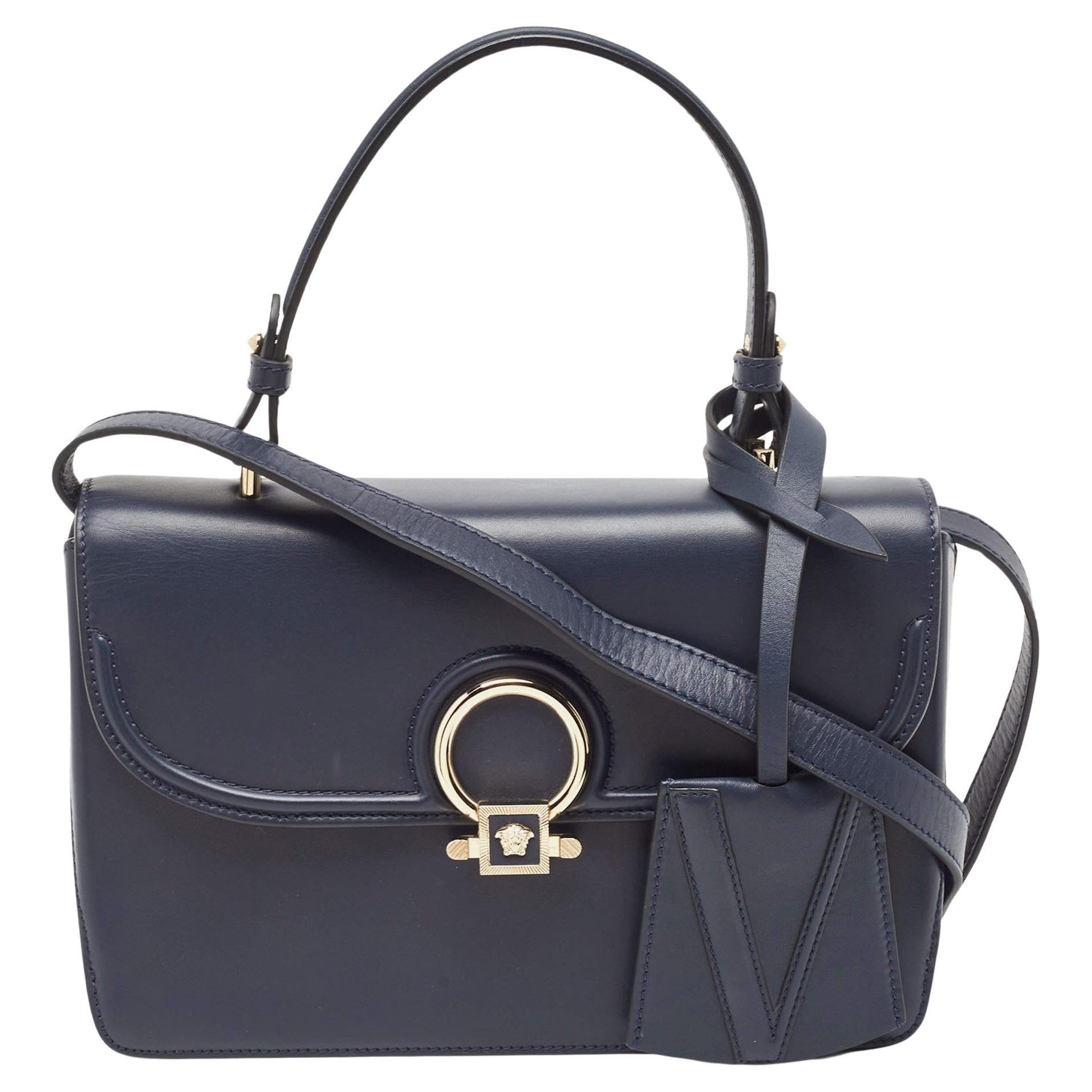 Versace Navy Blue Leather and Suede DV One Top Handle Bag For Sale