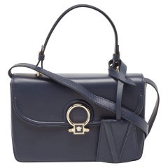 Versace Navy Blue Leather and Suede DV One Top Handle Bag
