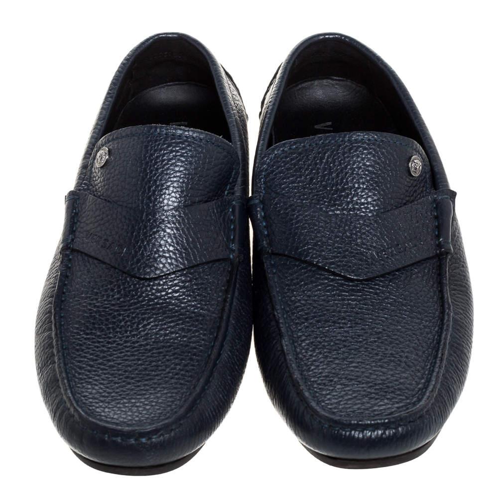 Black Versace Navy Blue Leather Slip On Loafers Size 40