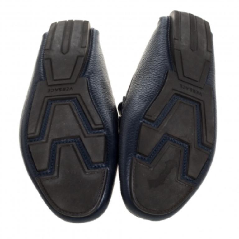Black Versace Navy Blue Leather Slip On Loafers Size 40 For Sale