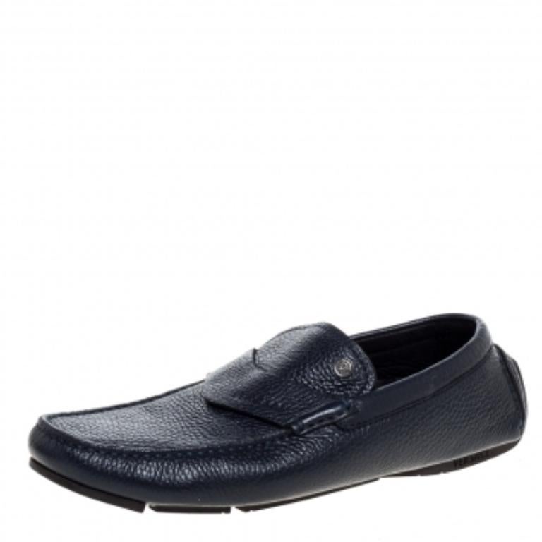 Versace Navy Blue Leather Slip On Loafers Size 40 For Sale 1
